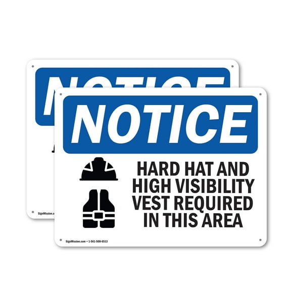 (2 Pack) Hard Hat And High Vis Vest In This Area OSHA Notice Sign 10 Inch X 7 Inch Plastic Sign, Weather Resistant, UV Protected for Workplace, Business, and Construction Site, Made in