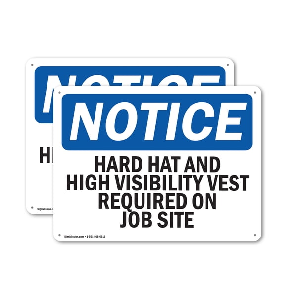 (2 Pack) Hard Hat And High Vis Vest On Job Site OSHA Notice Sign 14 Inch X 10 Inch Indoor / Outdoor Rust-Free Aluminum Metal Signs for Workplace, Workshop, and Construction Site, Made
