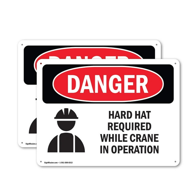(2 Pack) Hard Hat Required While Crane In Operation OSHA Danger Sign 18 Inch X 12 Inch Indoor / Outdoor Rust-Free Aluminum Metal Signs for Workplace, Workshop, and Construction Site,