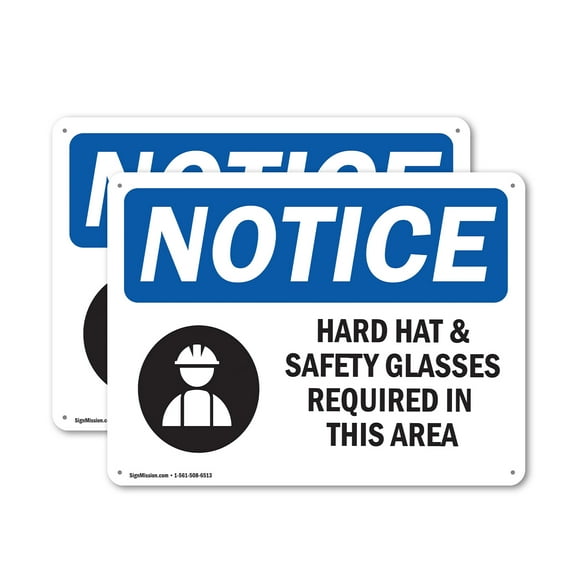 (2 Pack) Hard Hat Safety Glasses Required In Area OSHA Notice Sign 14 Inch X 10 Inch Indoor / Outdoor Rust-Free Aluminum Metal Signs for Workplace, Workshop, and Construction Site, Made