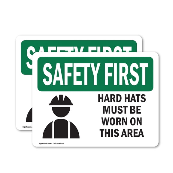 (2 Pack) Hard Hats Must Be Worn In This Area With Symbol OSHA Safety First Sign