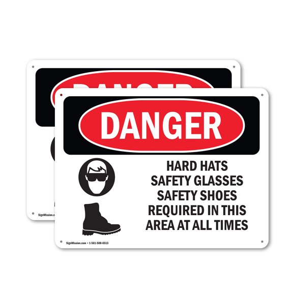 (2 Pack) Hard Hats Safety Glasses Shoes Required OSHA Danger Sign 14 Inch X 10 Inch Indoor / Outdoor Rust-Free Aluminum Metal Signs for Workplace, Workshop, and Construction Site, Made