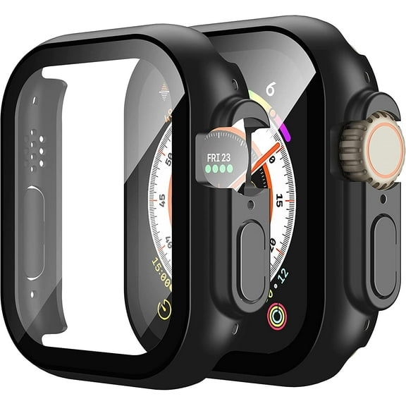 2 Pack Hard PC Case Built in Tempered Glass Compatible with Apple Watch Series 10 46mm Thin Protective Case with Screen Protector for iWatch, Shockproof Cover with Button, Black