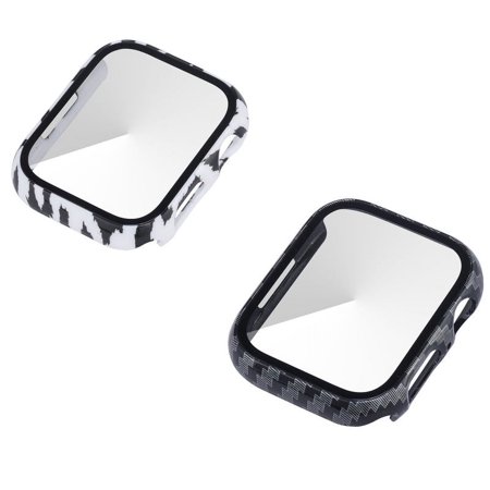 2 Pack Hard PC Case with Tempered Glass Screen Protector Compatible with Apple Watch SE Series 6 Series 5 Series 4 40mm white leopard and carbon fiber
