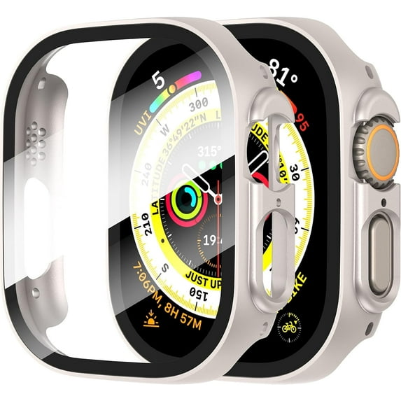 2 Pack Hard PC Case with Tempered Glass Screen Protector Compatible with Apple Watch Ultra 2 (2024) / Ultra 49mm, Scratch Resistant Lightweight Full Coverage Cover for iWatch, 1 Starlight + 1 Clear