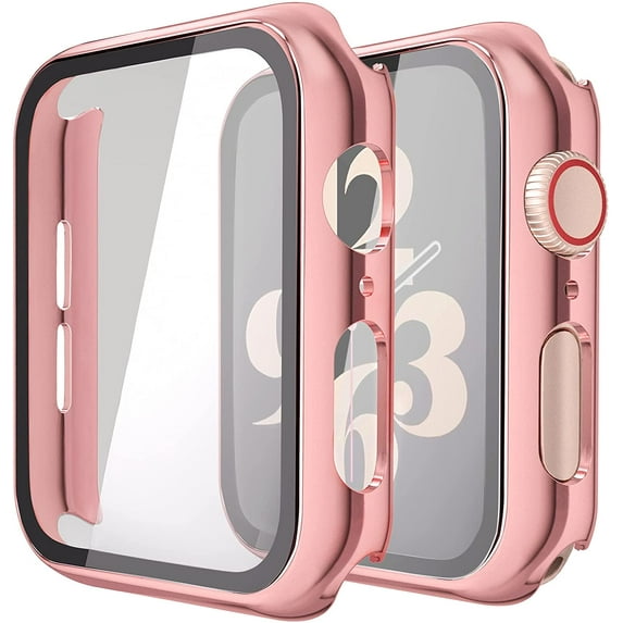 2 Pack Hard PC Case with Tempered Glass Screen Protector Compatible with Apple Watch Series SE Series 6 Series 5 Series 4 40mm - 1x Clear/1x Pink