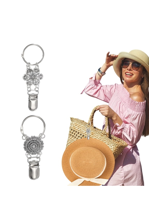2 Pack Hat Clip for Travel on Bags, Metal Vintage Holder Hands, Free Bag Backpack Clip, Protect Hat from Falling for Hanging on Handbags Totes Luggage, Curlicue Bloom/Dotted Bloom