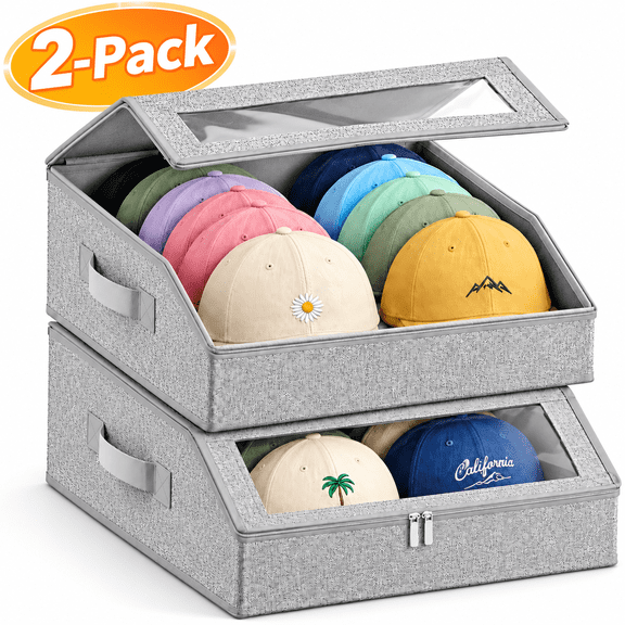 HAWQP Hat Organizer for Baseball Caps , 2PCS Stackable Hat Holder with Clear Window, Space-Saving Cap Organizer Hat Storage Box for Closet,Breathable Fabric