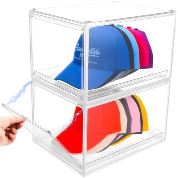 2 Pack Hat Organizer for Baseball Caps, Stackable Clear Baseball Hat Organizer with Sliding Tray, Acrylic Hat Display Case with Magnetic Door, Hat Holder Box for Closet, Holds 6-10 Hats Each