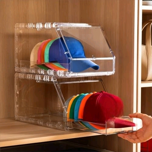 2 Pack Hat Organizer for Baseball Caps  Stackable Clear Display Box with Sliding Drawer, Holds 15 Baseball Caps, Closet and Shelf Organizer for Hats, Transparent Display with Anti-Slip Feet