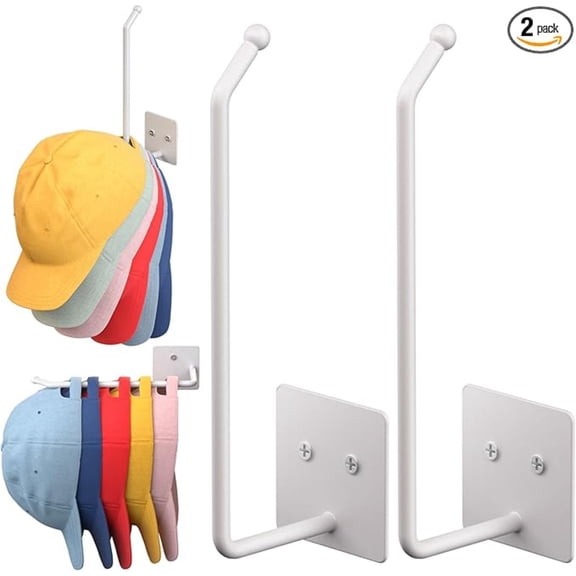2 Pack Hat Racks for Baseball Caps Wall, Extended 8.07" Hat Organizer for Baseball Caps, Hat Storage for Baseball Caps, Hat Hooks Hat Hanger Strong Adhesive/Wall Drilled for Door, Closet(White)