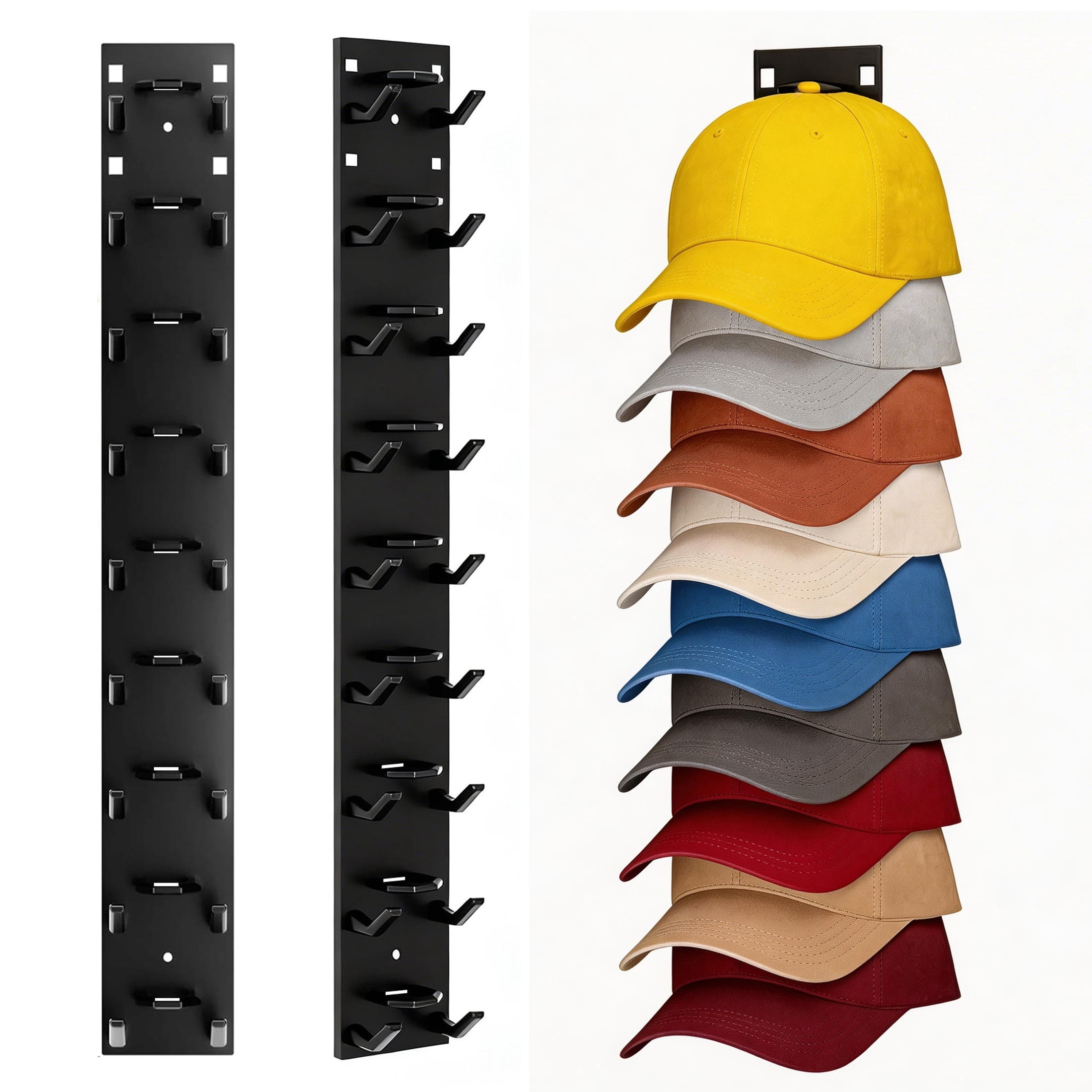 2 Pack Hat Organizer, Hat Rack for Baseball Caps, Multilayer Hat Storage Display Holder, Strong Adhesive Hat Storage Rack for Wall, Hat Rack Hold up to 18 Hats for Closet Door and Bedroom (Black)