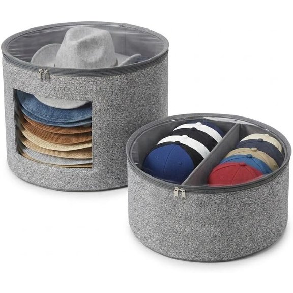 2 Pack Hat Storage for Baseball Caps & Wide Brim Hats, Stackable Hat Organizer for Closet, Foldable Cap Storage Box with Clear Front & Top Windows, Dust Proof Hat Rack for Snapbacks (Round)