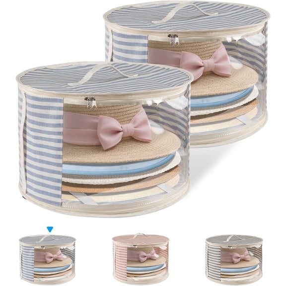 2 Pack Hat Storage Box with Clear Window, Holds up to 7 Caps Cowboy Hat Organizer Bag for Closet for Wide Brim Hats with Carrying Handles, Blue