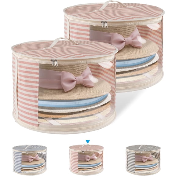 2 Pack Hat Storage Box with Clear Window, Holds up to 7 Caps Cowboy Hat Organizer Bag for Closet for Wide Brim Hats with Carrying Handles, Pink