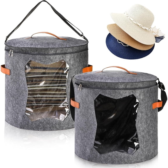 2 Pack Hat Storage Boxes for Women, Oversized Round Travel Hat Container with Dust Proof Lid Window, Foldable Stuffed Toys Clothes Brim Hats Storage Organizer Bag Bin, Adjustable Shoulder Strap