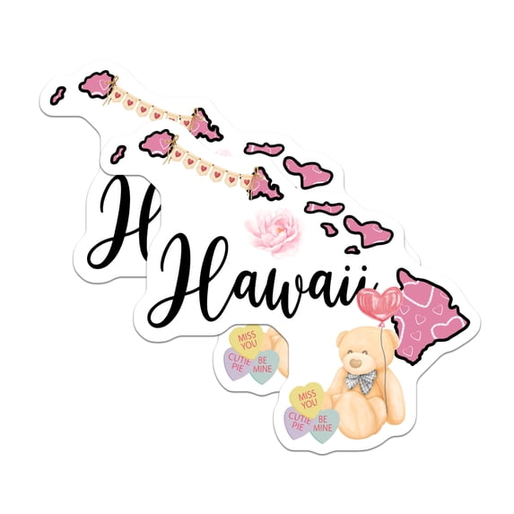 (2 Pack) Hawaii Stickers - Teddy Bear Candy Hearts - Island Flower Decals - 5" On Longest Side - Sticks to Smooth Flat Surfaces - Made in USA - BMCS17150