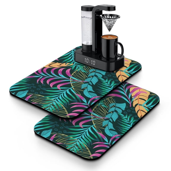 2 Pack Hawaiian Leafy Coffee Station Mat Retro Jungle Leaves Design, Slip-Resistant Base