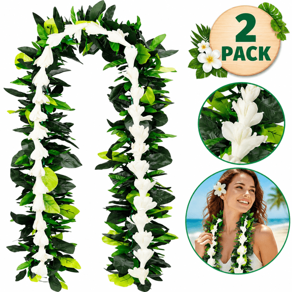 2 Pack Hawaiian Maile White Tuberose Lei 6.56ft Artificial Flower Necklace for Wedding Luau Aloha Summer Party Ceremony Graduation Gift