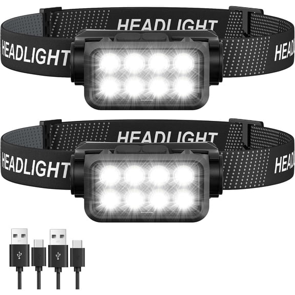 2 Pack Headlamp Rechargeable, Ultra-Light Bright Headlight with 8 LED Head Torch Lights, Waterproof Lightweight Head Lamp for Adult, Outdoor Camping Fishing Backpacking Flashlight