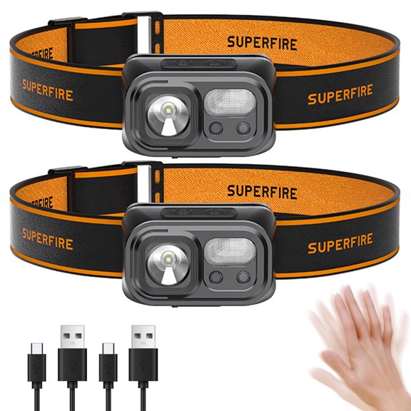 2 Pack Headlamp Rechargeable with Red Light, Spotlight, Floodlight, 400lm Motion Sensor IPX4 Waterproof Head Torch, 9 Modes, 7H Runtime for Outdoor Camping Hiking Fishing Repairing