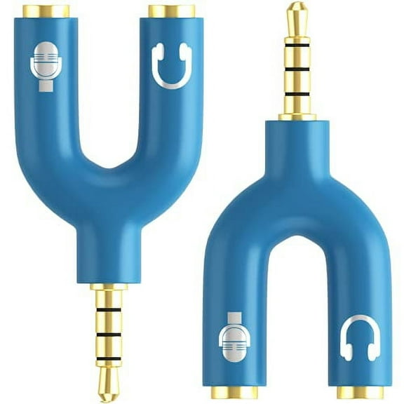 [2-Pack] Headphone Splitter Adapter, 3.5mm Male to 2 Port 3.5mm Female Y Jack Splitter for Audio Stereo and MIC, Headset to PC Adapter for Phones, Computers, MP3, Tablet (Blue)