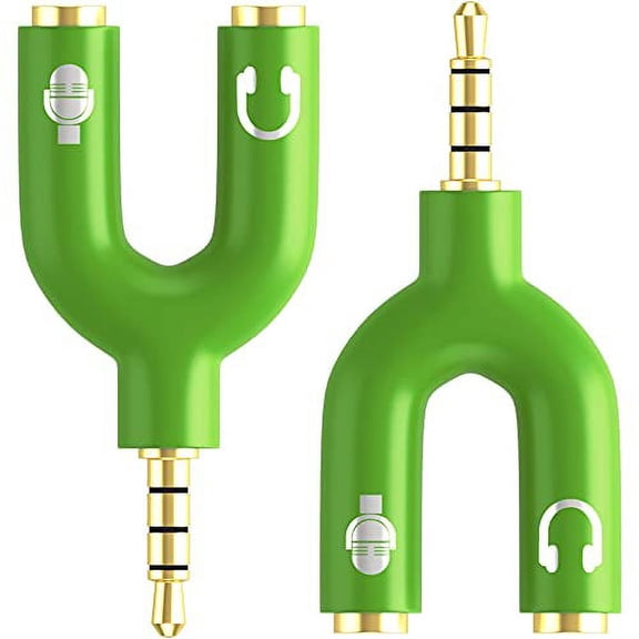 [2-Pack] Headphone Splitter Adapter, 3.5mm Male to 2 Port 3.5mm Female Y Jack Splitter for Audio Stereo and MIC, Headset to PC Adapter for Phones, Computers, MP3, Tablet (Green)