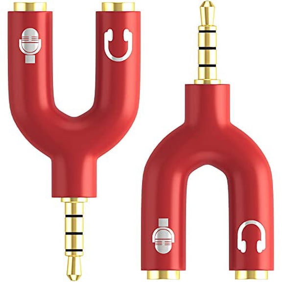 [2-Pack] Headphone Splitter Adapter, 3.5mm Male to 2 Port 3.5mm Female Y Jack Splitter for Audio Stereo and MIC, Headset to PC Adapter for Phones, Computers, MP3, Tablet (Red)