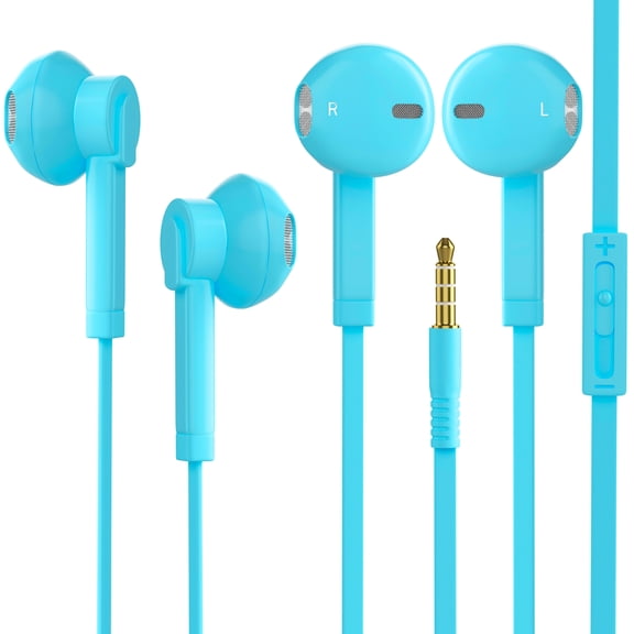 2 Pack Headphones Earphones with Microphone, 3.5mm Connection, in-line Control for Volume, Hi-Res Audio Sound, Comfort Fit, Lightweight Ear Phones with Mic, Blue
