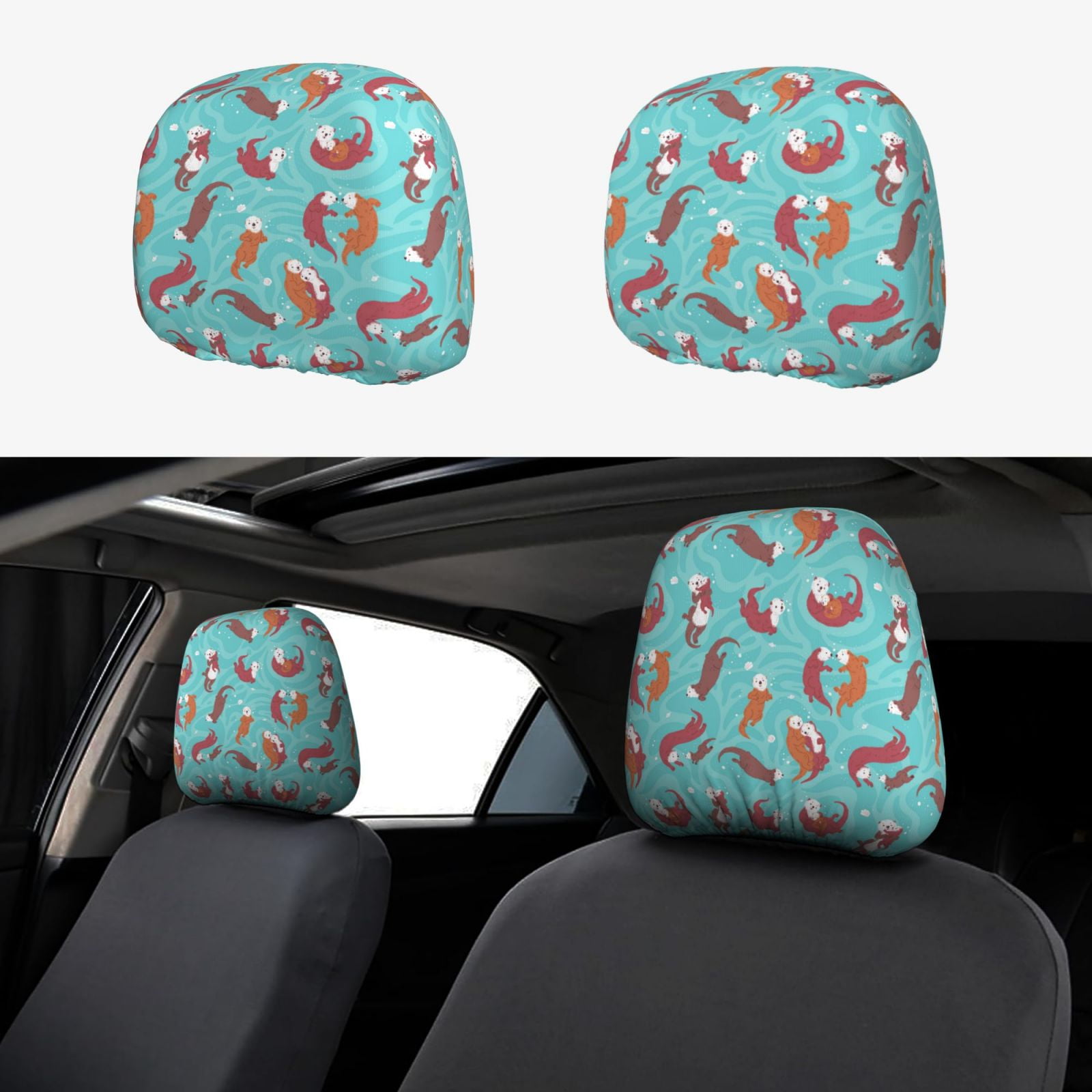 2 Pack Headrest Covers for Cars, Sea Otters Family In Blue Water