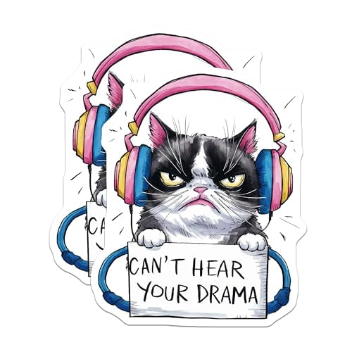 (2 Pack) Can't Hear Your Drama Magnets Magnets - Grumpy Cat Illustration - Funny Cat Decor - 5" On Longest Side - Made in USA - Sticks to Refrigerators & Metal Surfaces - MAG8626