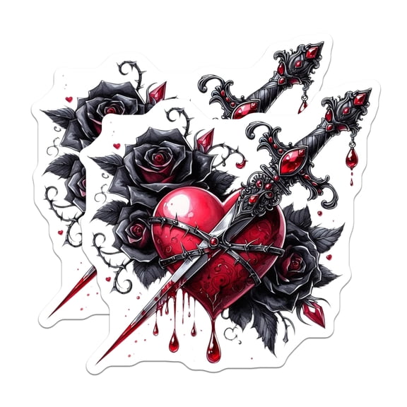 (2 Pack) Heart Dagger Stickers - Gothic Roses - Bleeding Heart Stickers - 5" On Longest Side - Sticks to Smooth Flat Surfaces - Made in USA - BMCS14477