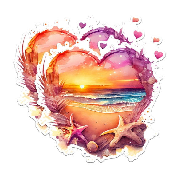 (2 Pack) Heart Shaped Beach Sunset Magnets - Coastal Ocean View Magnets - Sea Star and Seashell Magnets- 5" On Longest Side - for Fridges, Toolboxes, Cars - Made in USA - MAG2855