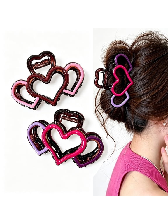 2 Pack Heart Shaped Hair Claw Clips for Women, 3.54" Double Heart Non-slip Jaw Clips for Thick Thin Hair