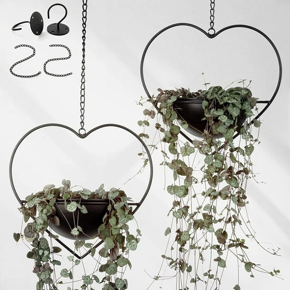 2 Pack Heart Shaped  Hanging Plant Holder with 6inch Detachable Pot, Black Metal Wall Ceiling Plant Hanger for Indoor Outdoor, Minimalist Small Hanging Planter for Home Wedding Decor