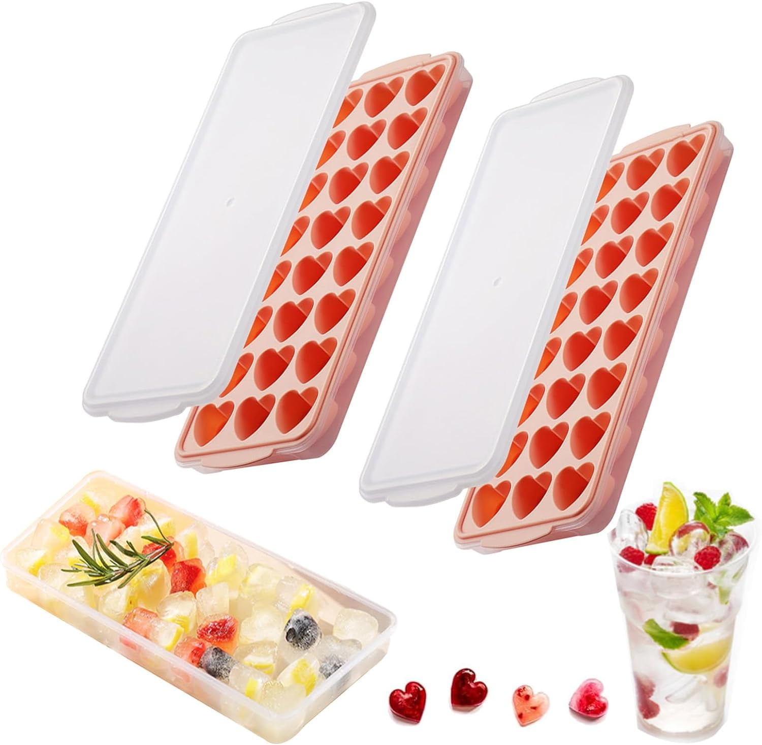 2 Pack Heart-Shaped Ice Cube Trays with lid and bin - 48 Holes Silicone ...