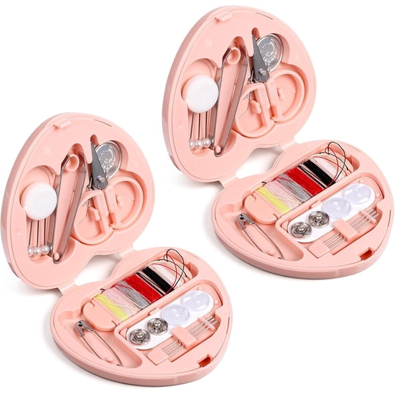2 Pack Heart-shaped Mini Travel Sewing Kit, Folding DIY Sewing Set, Portable Pocket Sewing Supplies with Needles, Threads, Buttons, Scissors, Buttons for Women, Mom, Traveler, Adults, Beginner, Pink