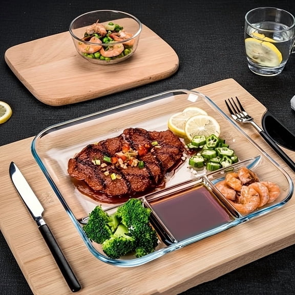 2-Pack Heat-Resistant Borosilicate Glass Serving Platters with Built-In Sauce Dishes, Thick Rectangular Serving Trays for Steak, Salad, Grill, Noodles & Breakfast, Elegant Kitchen Dinnerware