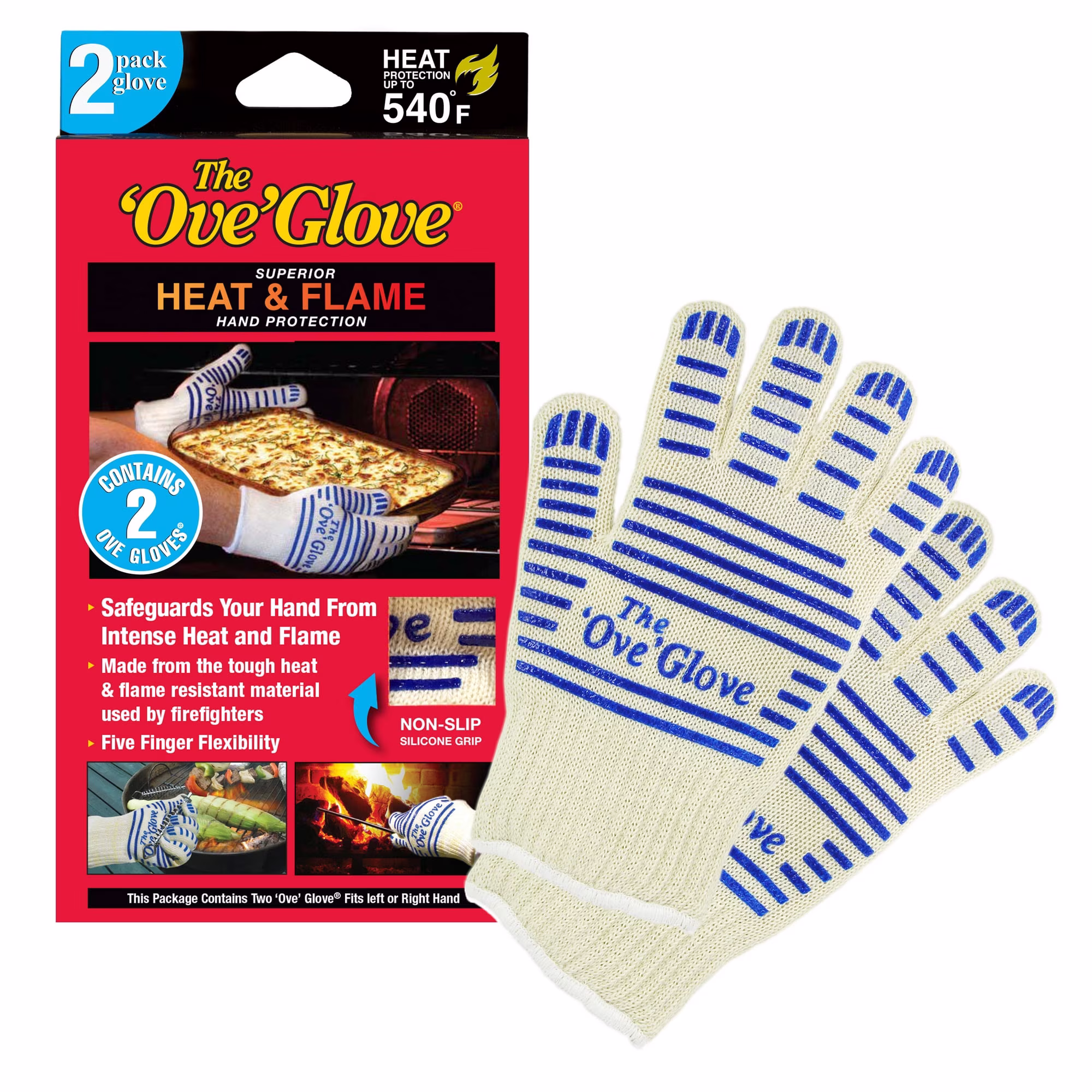 2-Pack Heat Resistant Grill Gloves  Superior Hand Protection from Heat & Flame  Yellow with Blue Silicone Stripes