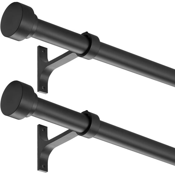 2 Pack Heavy Duty 1 Inch Diameter Single Curtain Rods 36-72” Adjustable Window Curtain Rod with Aluminum Alloy Cylindrical Cap Finials, Wall Mount and Ceiling Mount, Matte Black