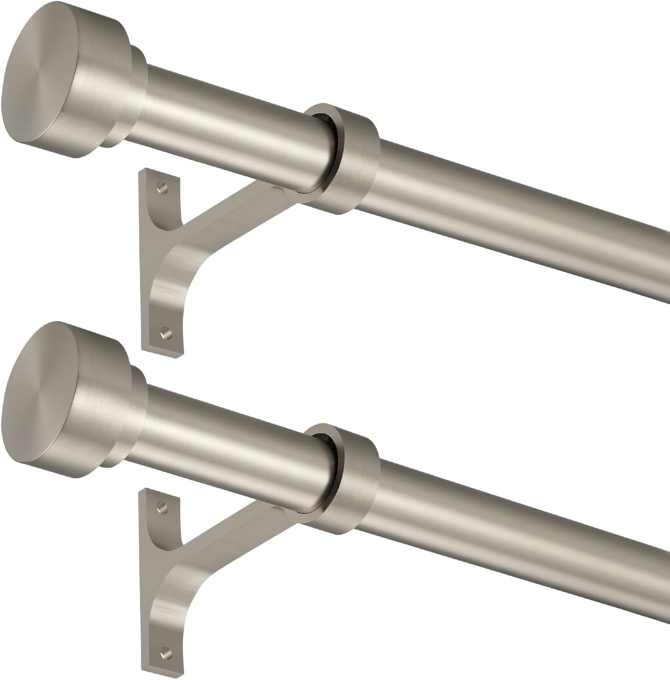 2 Pack Heavy Duty 1 Inch Diameter Single Curtain Rods 36-72” Adjustable Window Curtain Rod with with Cylindrical Cap Finials, Wall Mount and Ceiling Mount, Matte Nickel