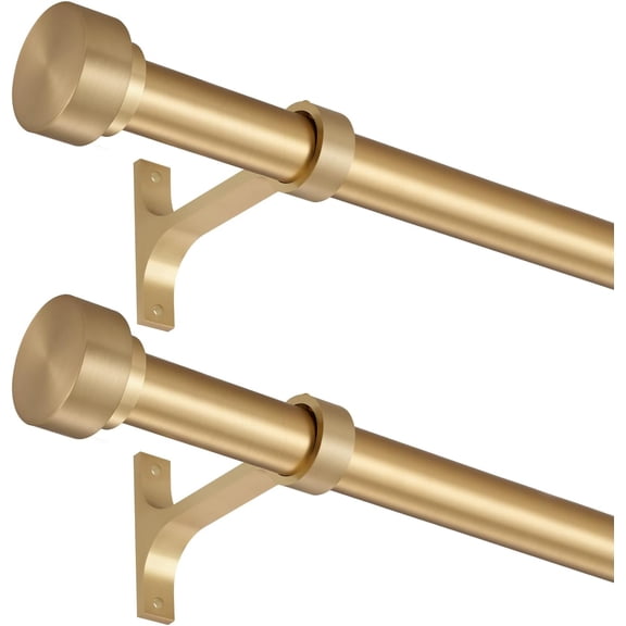 2 Pack Heavy Duty 1 Inch Diameter Single Curtain Rods 72-144” Adjustable Window Curtain Rod with with Cylindrical Cap Finials, Wall Mount and Ceiling Mount, Warm Gold