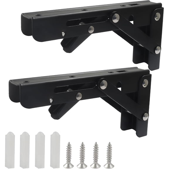 2 Pack Heavy Duty 6 Inch Folding Shelf Brackets, Collapsible Metal Brackets Space Saving Wall-Mounted Bracket, Matte Black Bracket for Table/Bench