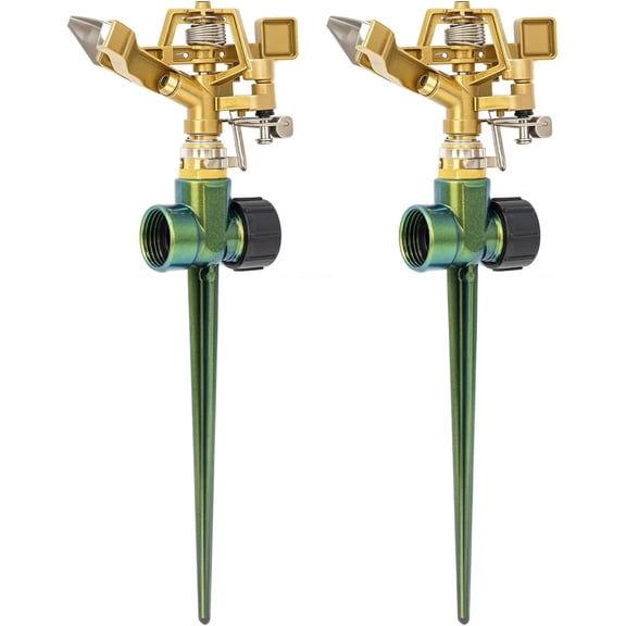 2 Pack Heavy Duty All-Metal Impact Sprinkler, Zinc Alloy Lawn Sprinkler Head on Sturdy Spike Base, 360° Adjustable Coverage Nozzle for Large Area Irrigation