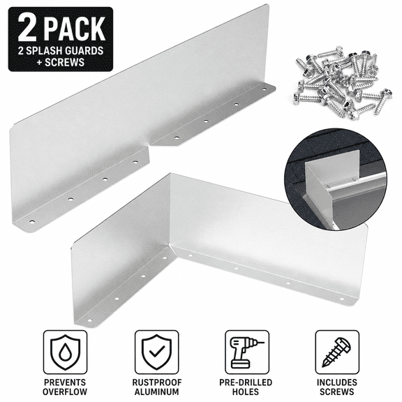 2-Pack Heavy Duty Aluminum Gutter Valley Splash Guards with Screws, Rustproof Corner Rain Diverters for Roof & Downspout Overflow