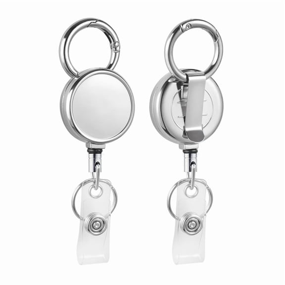 2 Pack Heavy Duty Badge Reel, Metal Retractable Badge Holder with Carabiner Belt Clip Key Ring for Name Card Keychain,2 * telescopic buckle,Silver