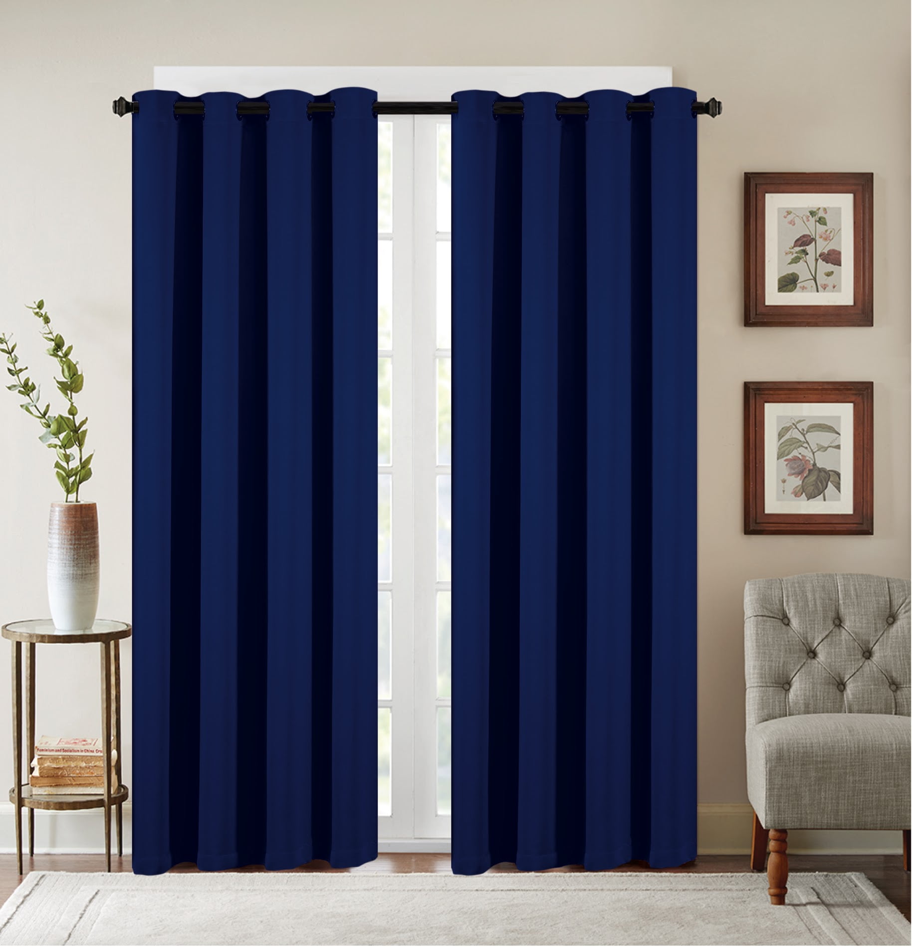 2 Pack: Heavy Duty Basic Solid Colored Blackout Curtain Panels - Indigo Blue