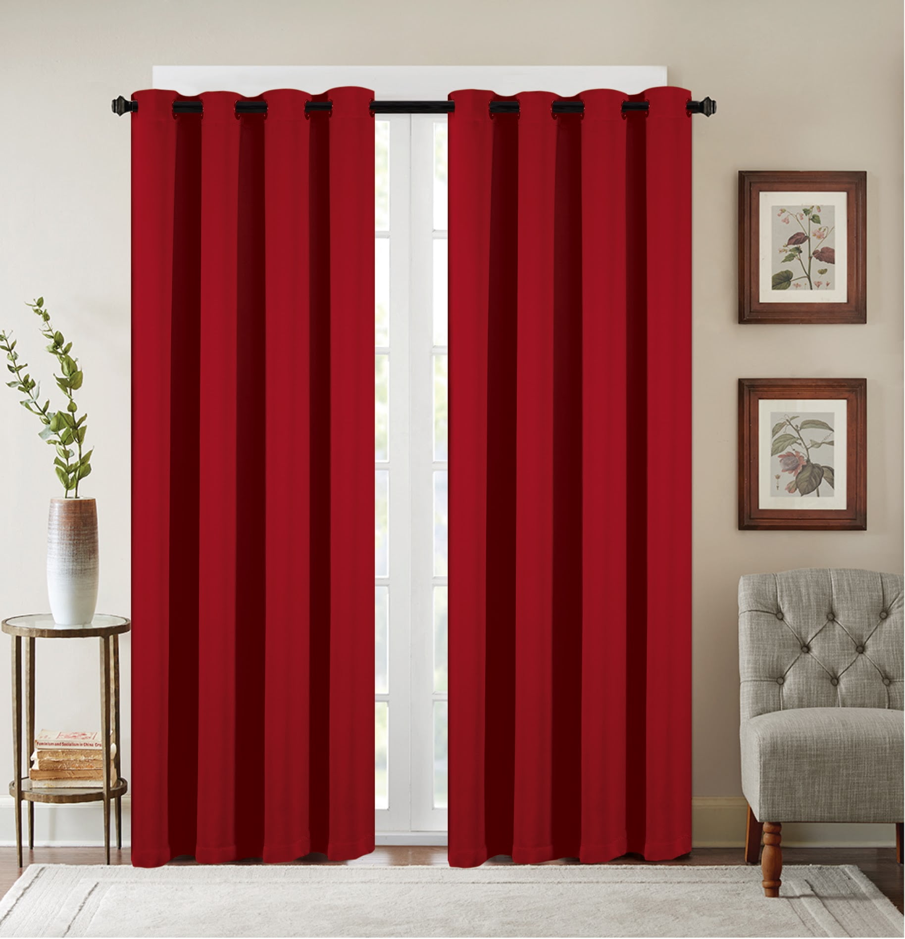 2 Pack: Heavy Duty Basic Solid Colored Blackout Curtain Panels - Red