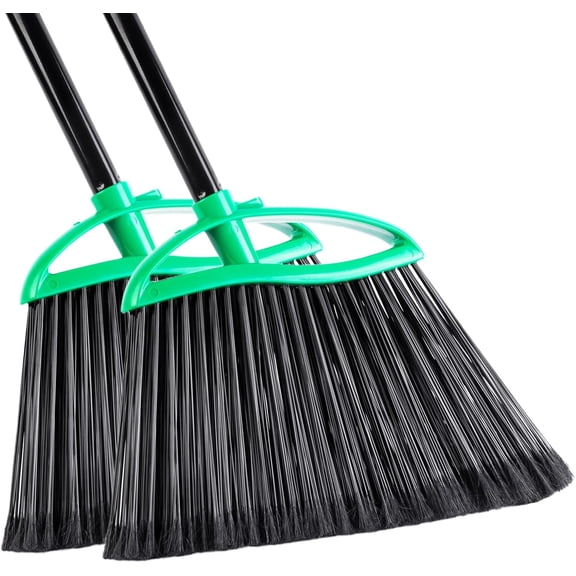 2 Pack Heavy Duty Brooms, 55" Long Handle Indoor Outdoor Angle Broom Set, Household Commercial Floor Cleaning, for Sweeping Home, Kitchen, Deck, Garage, Patio - Green