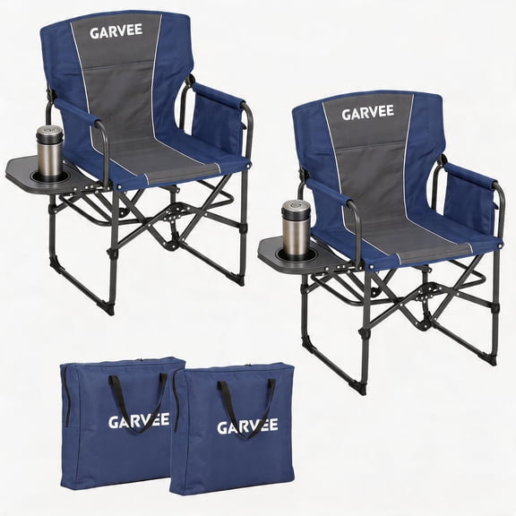 2 Pack Heavy Duty Camping Chair Support 400 LBS, Oversized Directors Camping Chair, Portable Folding Chair with Side Pocket and Side Table for Outside Beach, Lawn, Fishing, Camping, Picnic(Blue)
